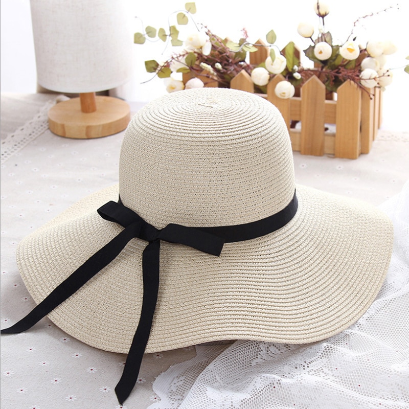 Women'S Folding Wide Brim Straw Hat With Bow