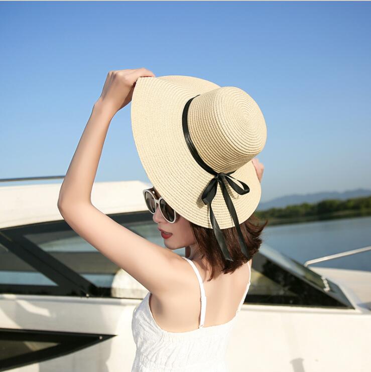 Women'S Folding Wide Brim Straw Hat With Bow 4